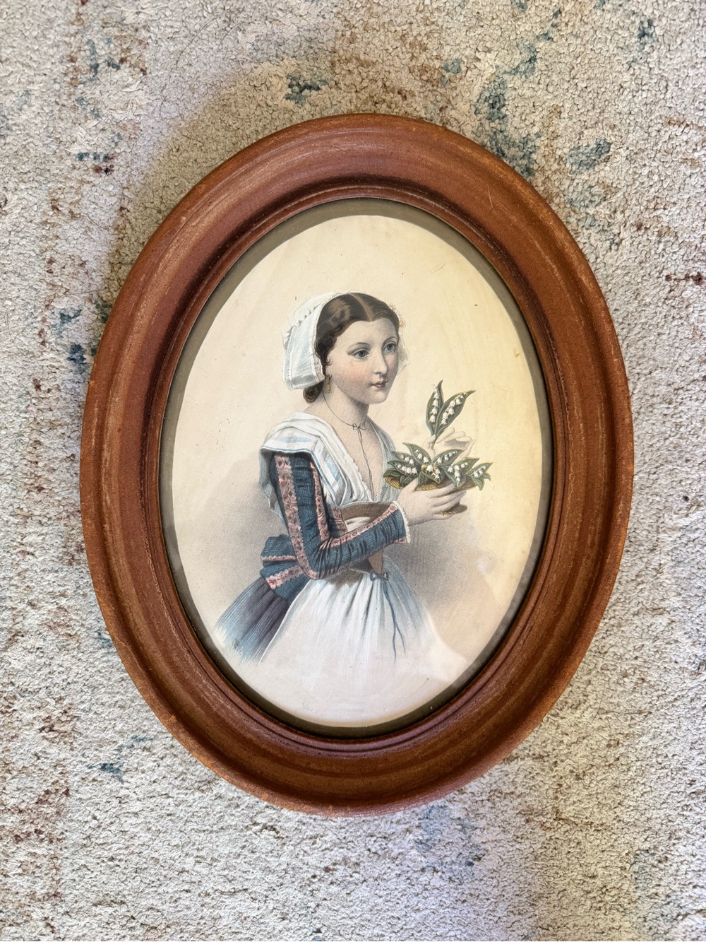 Vintage Oval Framed Lady Print in Brown Frame
